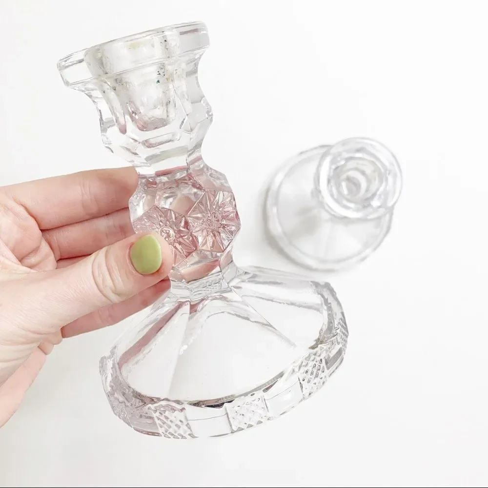 Clear Crystal Glass Tapered Short Pillar Candlestick Holders 5